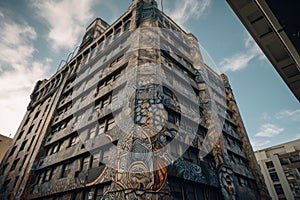 spraycan graffiti artist, meticulously creating intricate design on tall building