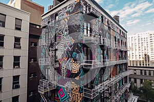 spraycan graffiti artist, meticulously creating intricate design on tall building