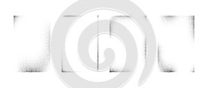Sprayed noise frame collection. Black dotted grain rectangle border set. Stippled gradient boarder bundle for text box