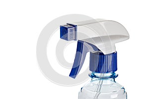 Sprayer Bottle on isolated white background, Blue Plastic Pulverizer. Close-up