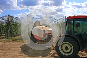 Spraying apple orchard with a tractor and agricultural machinery