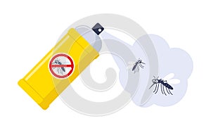 Spraying insecticide on mosquitoes. Pest control. Aerosol for bug bite prevention. Vector illustration