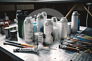 spraypaint canisters and brushes on artist's workstation