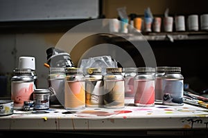 spraypaint canisters and brushes on artist's workstation photo