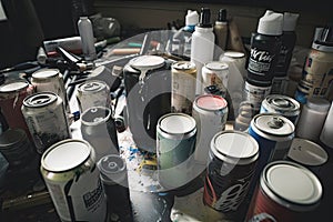 spraypaint canisters and brushes on artist's workstation photo