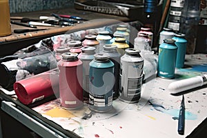 spraypaint canisters and brushes on artist's workstation photo