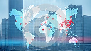 The spread of coronavirus around the World. A virtual map with signs which mean hotbeds of infection in different countries