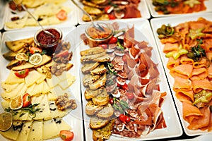 Spread of gourmet delicacies, featuring an assortment of finely sliced meats, artisanal cheeses