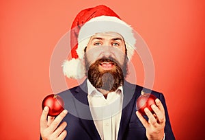 Spread magic christmas atmosphere. Radiate christmas generosity. Get into the spirit of the season. Man with beard hold