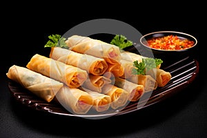 a spread of spring rolls and a pair of chopsticks resting on a black plate