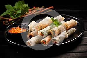 a spread of spring rolls and a pair of chopsticks resting on a black plate