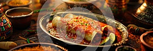 spread of traditional mexican dish enchilada photo