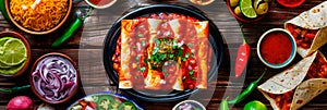 spread of traditional mexican dish enchilada photo