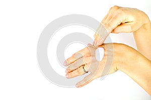 Spread white cream chapped hands photo