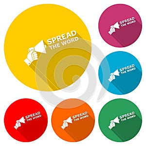 Spread the Word Share Information Bullhorn Megaphone icon or logo, color set with long shadow