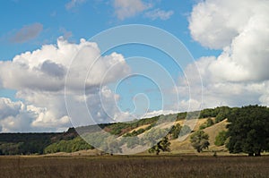 A spreading trees in a sunny picturesque autumn hilly valley, against a background of a clear blue sky with sparse clouds.