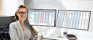 Spreadsheet Analyst Employee Using Computer Monitors