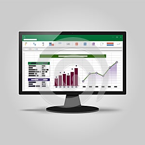 Spreadsheet on Computer screen. Financial accounting report concept. office things for planning and accounting, analysis, audit,