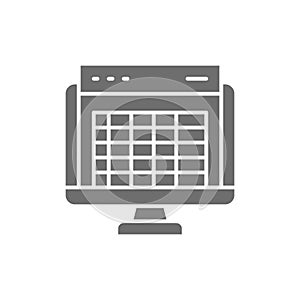 Spreadsheet, computer screen, financial accounting report grey icon.