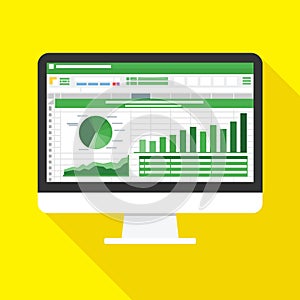 Spreadsheet on Computer screen flat icon. Financial accounting report concept. office things for planning and accounting, analysis