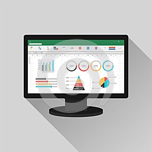 Spreadsheet on Computer screen flat icon. Financial accounting report concept. office things for planning and accounting, analysis