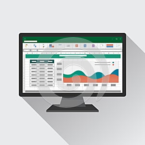 Spreadsheet on Computer screen flat icon. Financial accounting report concept. office things for planning and accounting, analysis