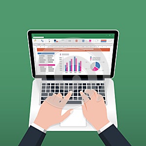 Spreadsheet on Laptop screen. Financial accounting report concept. office things for planning and accounting, analysis, audit,