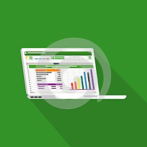 Spreadsheet on Laptop screen flat icon. Financial accounting report concept. office things for planning and accounting, analysis,