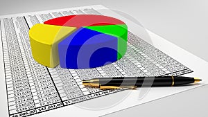 Spreadsheet with pie chart and pen