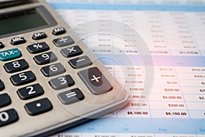 Spreadsheet table paper with calculator. Finance development, Banking Account, Statistics Investment Analytic research data