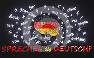 Sprechen Sie Deutsch Do You Speak German translation. Learning Foreign language fluency Human brain letters 3d render