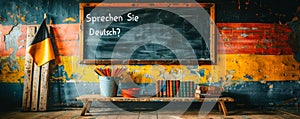 Sprechen Sie Deutsch? Do You Speak German? Vintage classroom setup with chalkboard, German flag, old books, and a pot of