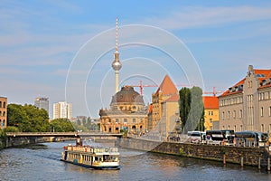 Spree River with Bode Museum on Museum Island with ubiquitous Berlin Television Tower at the back, Berlin, Germany Deutschland