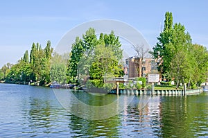 Spreekreuz, the waterways crossroad with the water police station in Berlin, Germany