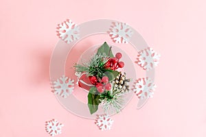 A sprig of Holly on pink background
