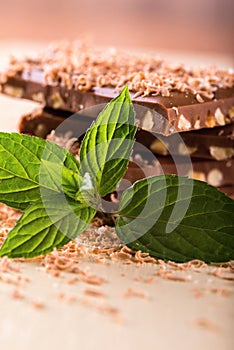 Sprig of mint in front of chocolate stack with sweet shavings