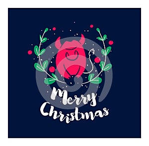 A sprig of mistletoe and a bull with text on dark background. Flat style. Vector