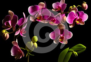 A sprig of pink orchids against a black background