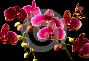 A sprig of pink orchids against a black background