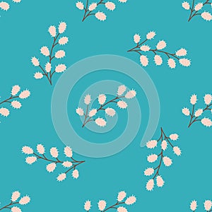 A sprig of willow on a green background. Vector seamless spring pattern flat style