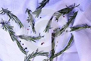 Sprigs of fresh rosemary with peppercorns on a white towel background.