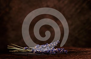 Sprigs of lavender flowers on a dark rustic wood background. Product display, mock