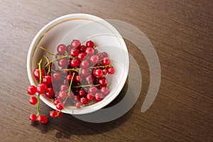 Sprigs of red currant in a white bowl closeup top view