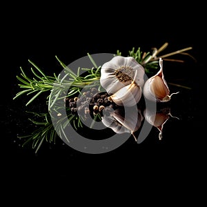 sprigs of Rosemary, garlic clove and black pepper 1