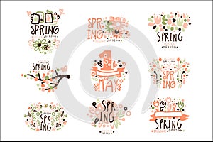 Spring, 1 May set for label design. Spring holidays, First May, International labor day colorful vector Illustrations