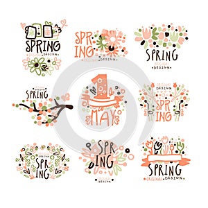 Spring, 1 May set for label design. Spring holidays, First May, International labor day colorful vector Illustrations