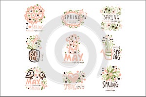 Spring, 1 May set for label design. Spring holidays, First May, International labor day vector Illustrations