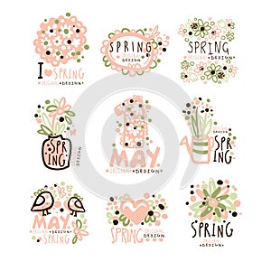 Spring, 1 May set for label design. Spring holidays, First May, International labor day vector Illustrations