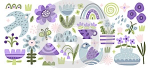 Spring abstract shapes set with birds, flowers blossoms, natural elements, seasonal weather symbols