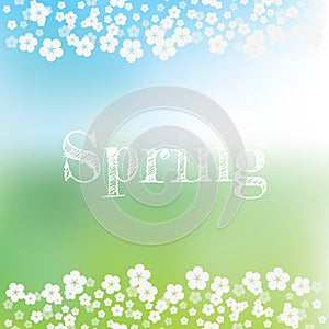 Spring abstract vector background with green, blue blurred bokeh. Handwritten typography title and blossoming flower